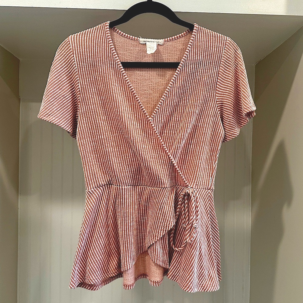 Caution to the Wind Pink Faux Short Sleeved Wrap Shirt, Size Medium